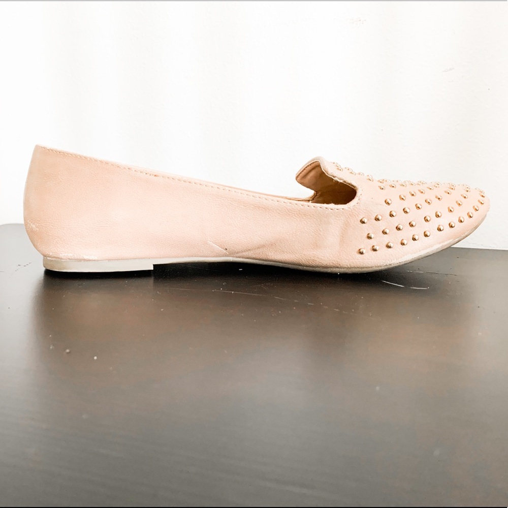 Beige Light Pink Flats Loafers with Metal Spikes